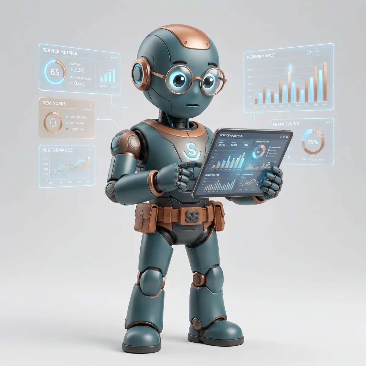 ServiceBuddy mascot håller upp en tablet med analys och prestandagrafer