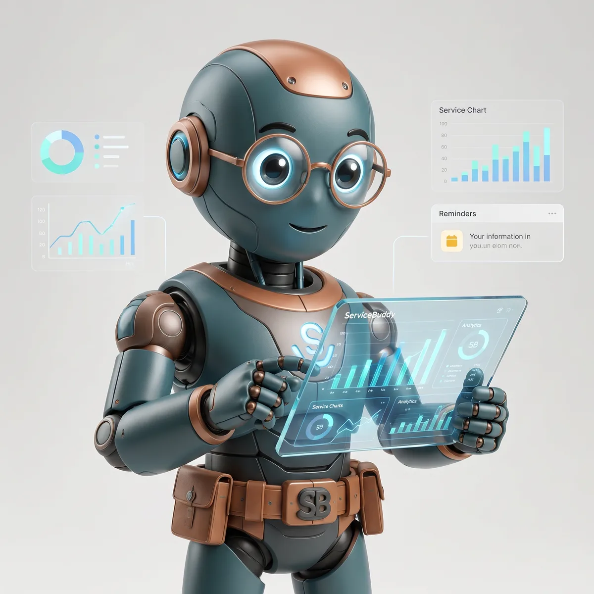 ServiceBuddy mascot håller upp en plattform med rapporter och påminnelser